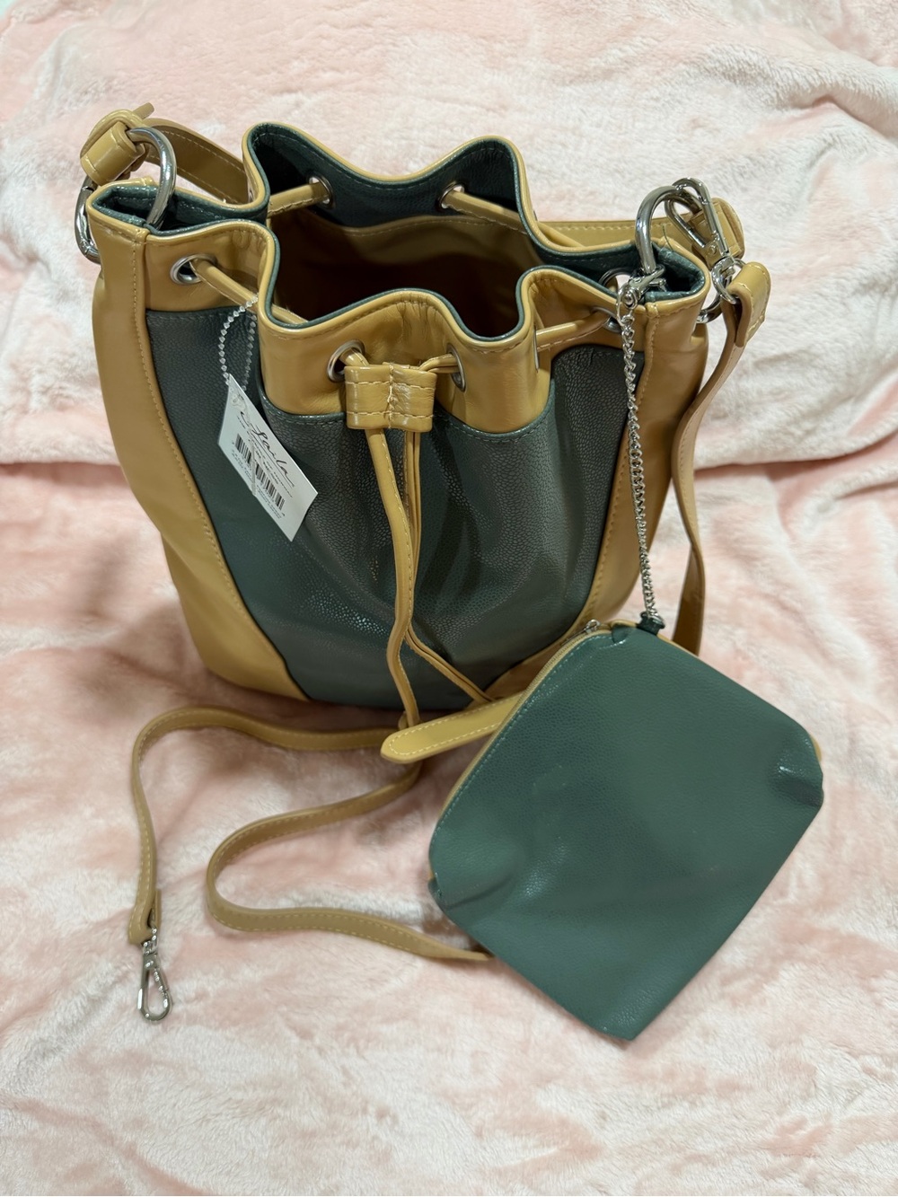 Two-Tone Drawstring Bucket Bag with Pouch - Green & Tan